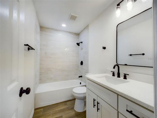 Bathroom, Interior, Recessed Lighting, Wood Texture Flooring