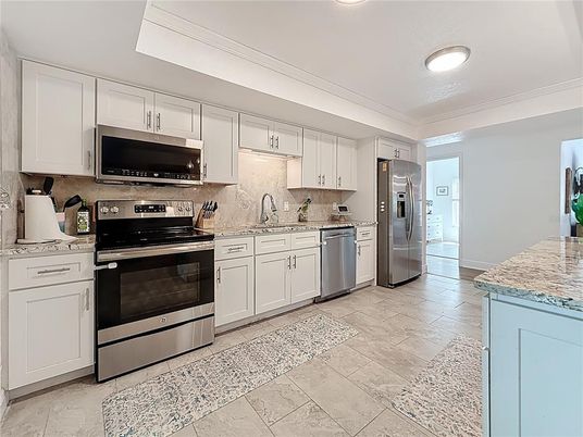 Interior, Kitchen, Recessed Lighting, Stainless Steel Appliances, Wood Texture Flooring