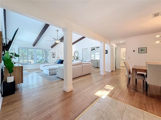 Dining room, Interior, Living room, Recessed Lighting, Wooden Beams, Wood Texture Flooring