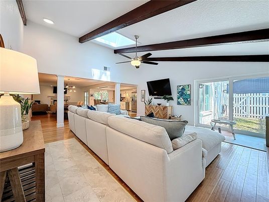 Interior, Living room, Recessed Lighting, Wooden Beams, Wood Texture Flooring