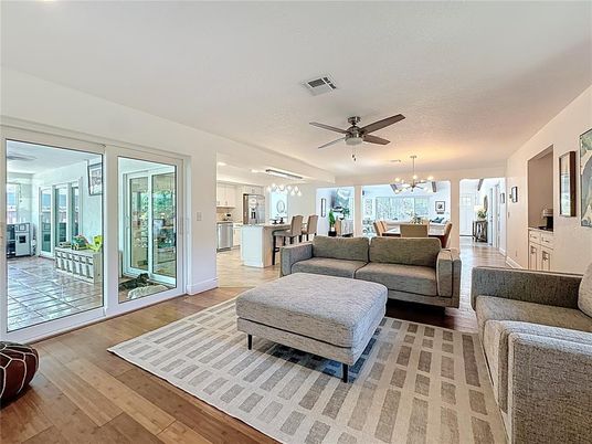 Chandelier, Dining room, Interior, Kitchen, Living room, Pendant Lights, Wood Texture Flooring