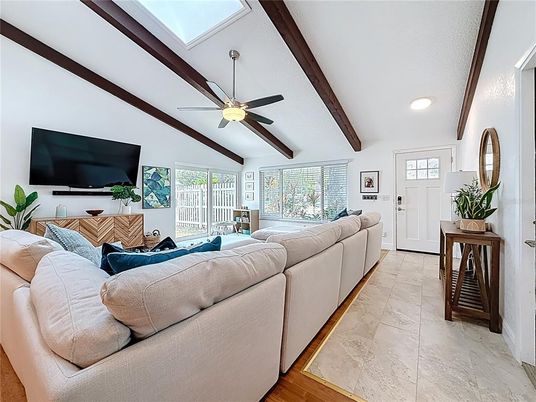 Interior, Living room, Recessed Lighting, Wooden Beams
