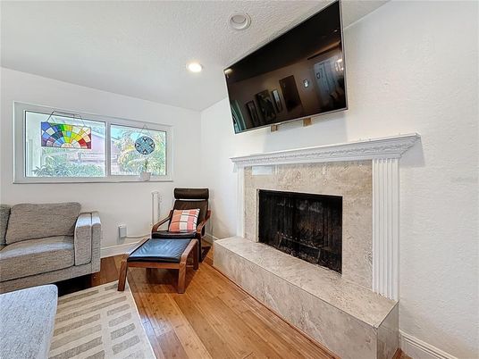 Fireplace, Interior, Recessed Lighting, Wood Texture Flooring