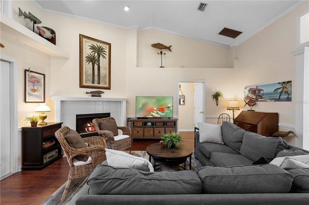Fireplace, Interior, Living room, Recessed Lighting, Wood Texture Flooring