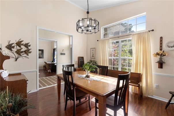 Chandelier, Dining room, Interior, Pendant Lights, Wood Texture Flooring