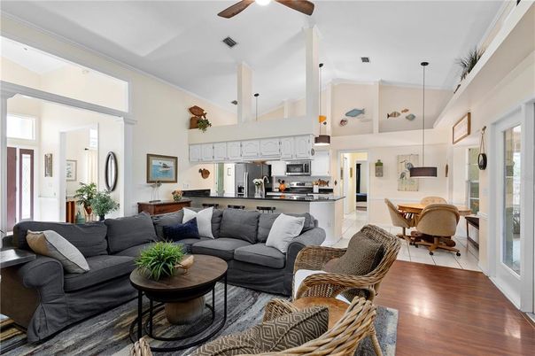 Dining room, Interior, Kitchen, Living room, Pendant Lights, Stainless Steel Appliances, Wood Texture Flooring