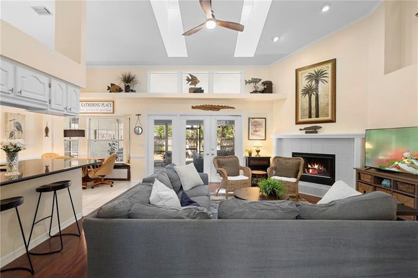 Fireplace, Interior, Living room, Recessed Lighting, Wood Texture Flooring