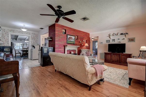 Dining room, Fireplace, Interior, Living room, Stone Walls, Wood Texture Flooring