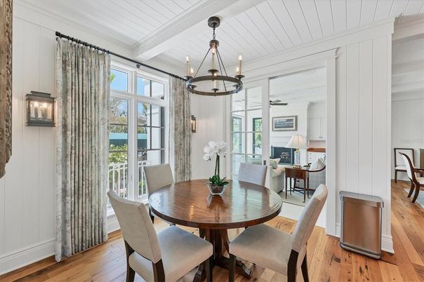Dining room, Interior, Pendant Lights, Wood Texture Flooring