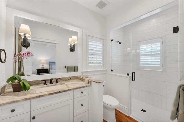 Bathroom, Glass Shower, Interior, Wood Texture Flooring