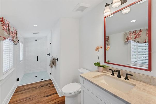 Bathroom, Glass Shower, Interior, Recessed Lighting, Wood Texture Flooring