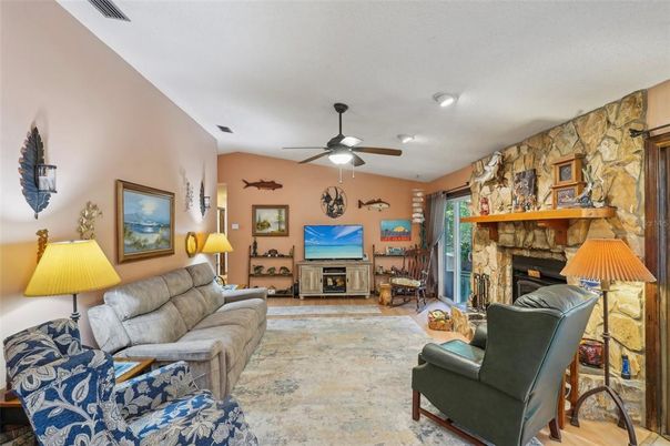 Fireplace, Interior, Living room, Stone Walls, Wood Texture Flooring