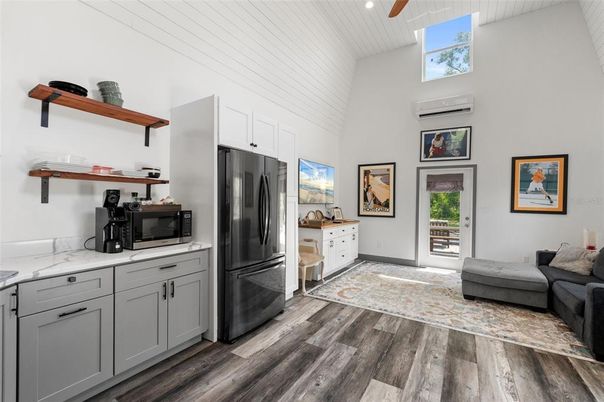 Interior, Kitchen, Living room, Recessed Lighting, Stainless Steel Appliances, Wood Texture Flooring