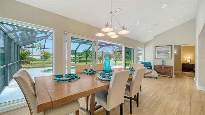 Dining room, Glass Ceilings, Interior, Pendant Lights, Recessed Lighting, Sun Room, Wood Texture Flooring