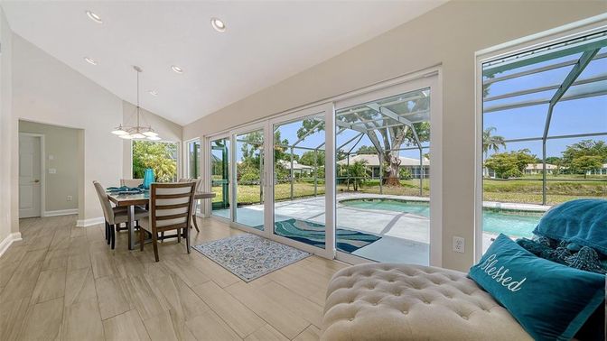 Dining room, Glass Ceilings, Interior, Pendant Lights, Pool, Recessed Lighting, Sun Room, Wood Texture Flooring