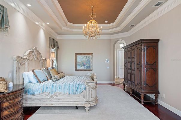 Bedroom, Chandelier, Interior, Recessed Lighting, Wood Texture Flooring