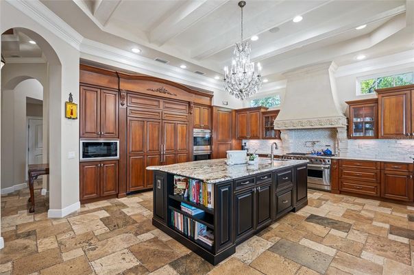 Chandelier, Interior, Kitchen, Recessed Lighting, Stainless Steel Appliances