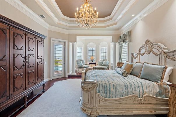 Bedroom, Chandelier, Interior, Recessed Lighting, Wood Texture Flooring