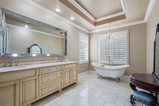 Bathroom, Chandelier, Dual Sink Vanities, Free Standing Baths, Interior, Pendant Lights, Recessed Lighting