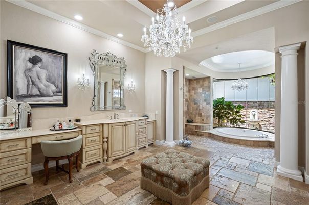 Bathroom, Chandelier, Dual Sink Vanities, Interior, Recessed Lighting