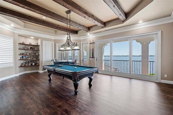 Billiard Table, Game Room, Interior, Pendant Lights, Recessed Lighting, Water, Wooden Beams, Wood Texture Flooring