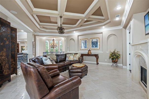 Chandelier, Fireplace, Interior, Living room, Recessed Lighting