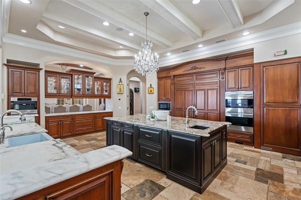 Chandelier, Interior, Kitchen, Recessed Lighting, Stainless Steel Appliances