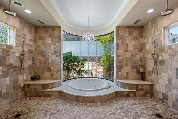 Bathroom, Interior, Pendant Lights, Recessed Lighting, Stone Walls