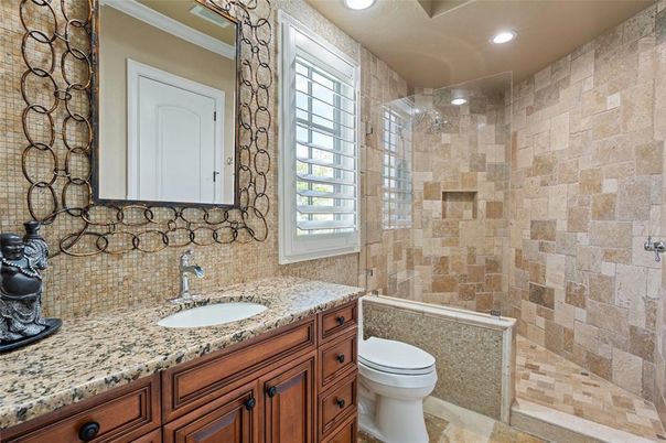 Bathroom, Glass Shower, Interior, Recessed Lighting, Stone Walls