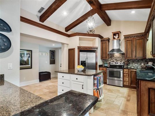 Interior, Kitchen, Pendant Lights, Recessed Lighting, Stainless Steel Appliances, Wooden Beams