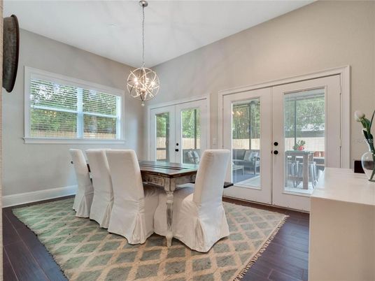 Dining room, Interior, Pendant Lights, Wood Texture Flooring