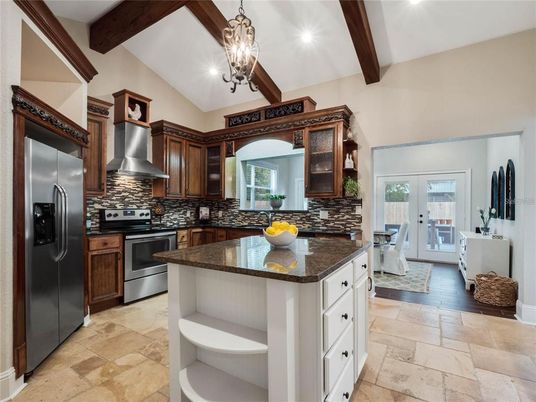 Interior, Kitchen, Pendant Lights, Stainless Steel Appliances, Wooden Beams