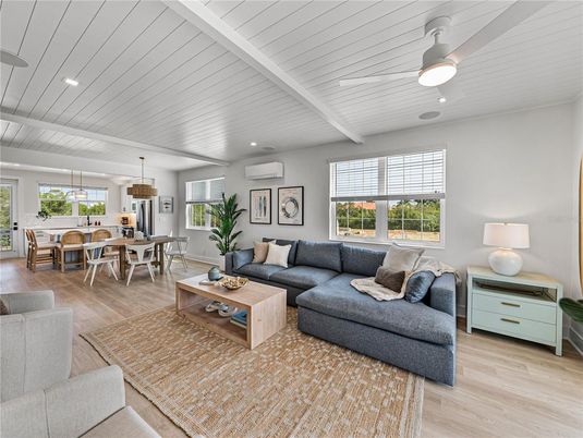 Dining room, Interior, Living room, Pendant Lights, Recessed Lighting, Wood Texture Flooring