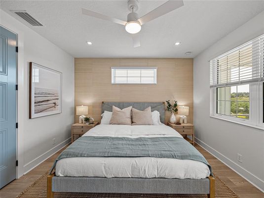 Bedroom, Interior, Recessed Lighting, Wood Texture Flooring