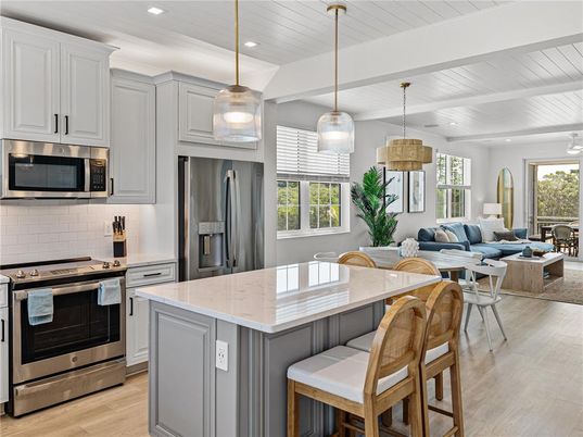 Interior, Kitchen, Living room, Pendant Lights, Recessed Lighting, Stainless Steel Appliances, Wood Texture Flooring