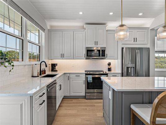 Interior, Kitchen, Pendant Lights, Recessed Lighting, Stainless Steel Appliances, Wood Texture Flooring