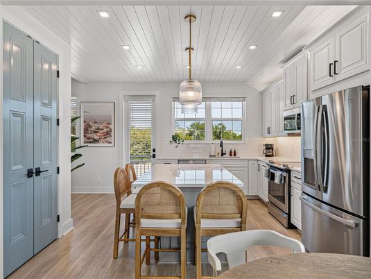Interior, Kitchen, Pendant Lights, Recessed Lighting, Stainless Steel Appliances, Wood Texture Flooring