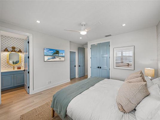 Bedroom, Interior, Recessed Lighting, Wood Texture Flooring