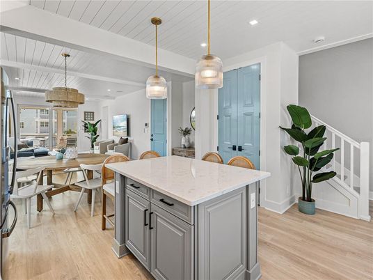 Dining room, Interior, Kitchen, Pendant Lights, Recessed Lighting, Wood Texture Flooring