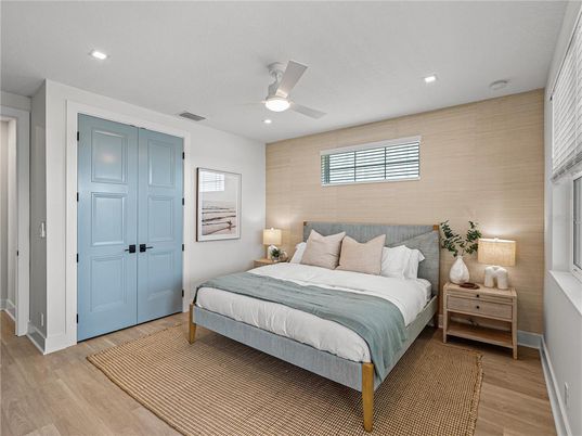 Bedroom, Interior, Recessed Lighting, Wood Texture Flooring