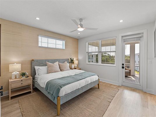Bedroom, Interior, Recessed Lighting, Wood Texture Flooring