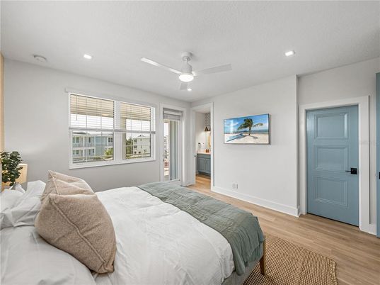 Bedroom, Interior, Recessed Lighting, Wood Texture Flooring
