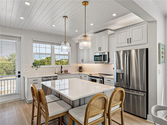 Interior, Kitchen, Pendant Lights, Recessed Lighting, Stainless Steel Appliances, Wood Texture Flooring