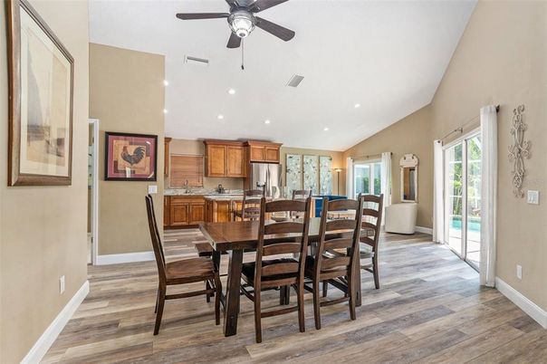 Dining room, Interior, Kitchen, Recessed Lighting, Wood Texture Flooring