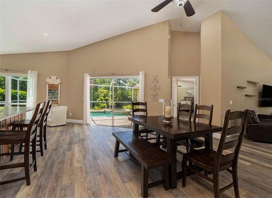 Dining room, Interior, Recessed Lighting, Wood Texture Flooring