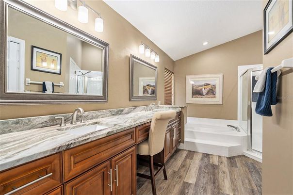 Bathroom, Dual Sink Vanities, Interior, Recessed Lighting, Wood Texture Flooring