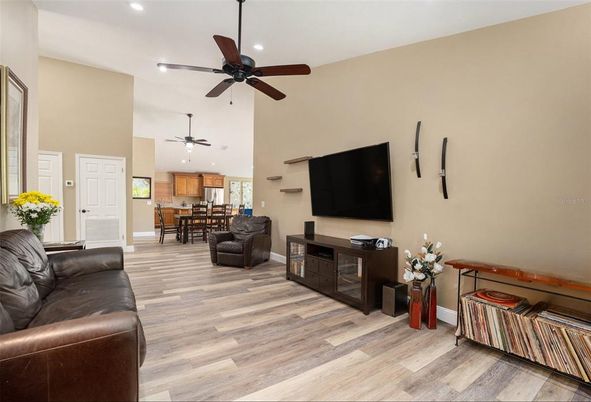 Dining room, Interior, Living room, Recessed Lighting, Wood Texture Flooring