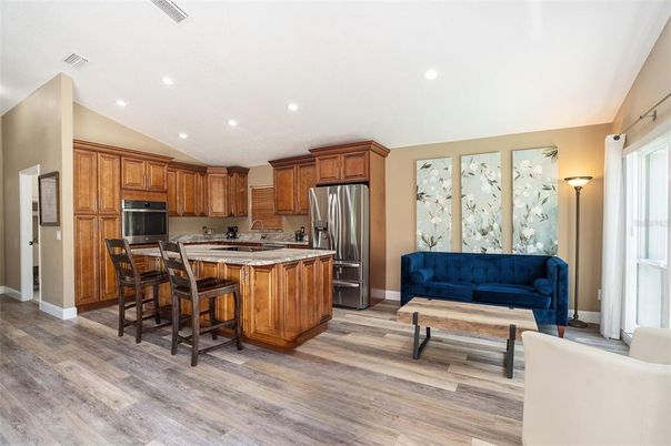 Interior, Kitchen, Living room, Recessed Lighting, Stainless Steel Appliances, Wood Texture Flooring