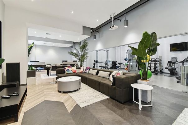 Dining room, Fitness Equipment, Interior, Living room, Recessed Lighting, Wood Texture Flooring