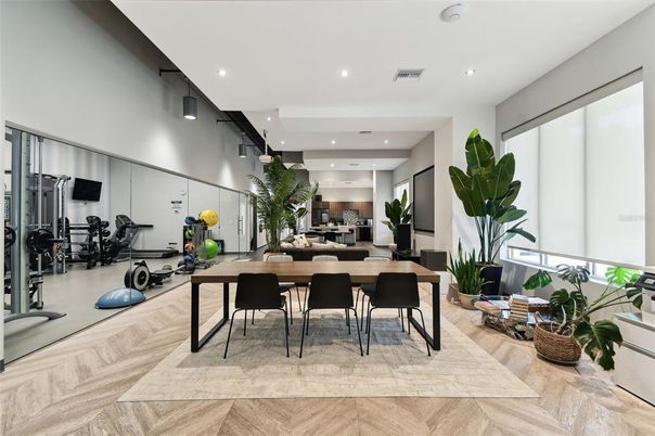 Dining room, Fitness Equipment, Interior, Recessed Lighting, Wood Texture Flooring